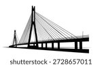 Strong black silhouette of a modern cable-stayed bridge featuring tall pylons and support cables against a clear white background.