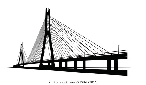 Fuerte silueta negra de un moderno puente atirantado con torres altas y cables de Asistencia sobre un fondo blanco claro.