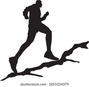 A strong black silhouette of a runner in mid-stride, appearing to navigate uneven terrain such as rocks or roots