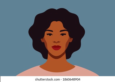 Strong Black woman with curly hair smiles and looks directly. Confident young woman with brown skin portrait front view on a blue background. Vector illustration. 