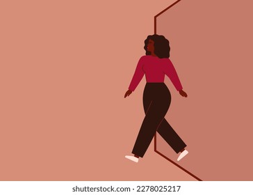 Strong black Woman doing a step for the best life. Business woman starts a new project. Girl gets rid of stereotypes and restrictions. Concept of professional and personal growth. Vector illustration