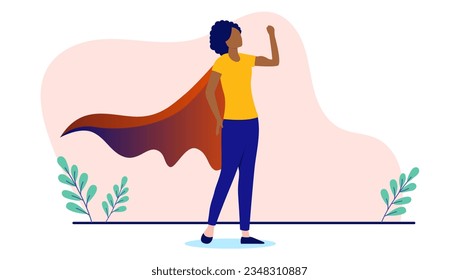 Strong black woman - Female person in superhero cape showing strength and muscle. Flat design vector illustration with white background