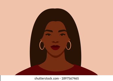 Strong Black woman with long hair looks directly. Confident young woman with brown skin portrait front view. Vector illustration. 