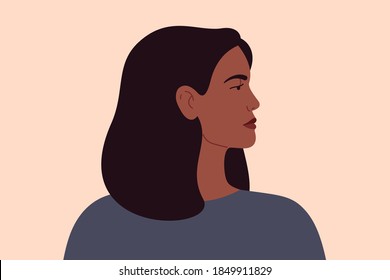 Strong Black Woman Portrait Side View. Confident African American Business Female With Black Middle Hair. Vector Illustration