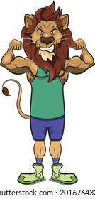 Strong Body Builder Lion or Tiger flexing hand Muscles. Anthropomorphic Animals. Cool Lion Character with running shoes and 6 pack abs. Anthropomorphism. Animals Dressed as Humans.