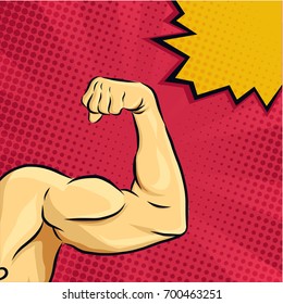 Strong Bodybuilder Biceps on Pop art comic style with comic text background and speech bubble. Vector eps.10