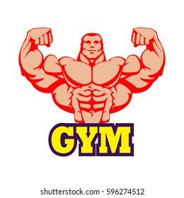Strong Bodybuilder Huge Biceps Gym Logo Design. Yellow Letters, Red Body. Vector EPS 10.