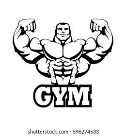 Strong Bodybuilder Huge Biceps Gym Logo Design. Black Contour Outline, On White Background. Vector EPS 10.