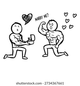 strong bodybuilder kneeling down proposing marriage to another muscular man with love
