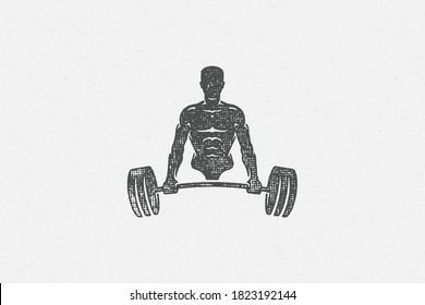 Strong bodybuilder lifting barbell silhouette vector illustration. Muscular man lifting heavy barbell during weightlifting workout in gym hand drawn stamp texture for poster or label