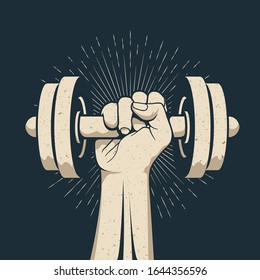 Strong bodybuilder man arm holding dumbbell doing lift exercise isolated on dark background. Sport gym workout fitness concept. Vector illustration. 