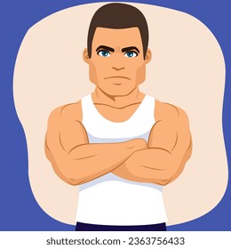 Strong bodybuilder man crossing arms vector carton illustration. Confident male character with white shirt showing muscly body practicing bodybuilding sport