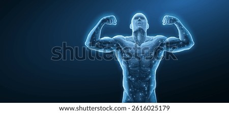 Strong bodybuilder man. Gym workout, muscular arm, healthy body, power flex, bicep muscle, protein shake, human figure, chalk hand, male character, fitness athlete, strong concept.