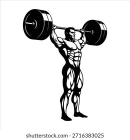 Culturista fuerte que realiza una prensa de arriba con la barra pesada, mostrando poder y técnica. Atleta demostrando fuerza de levantamiento de pesas y desarrollo muscular.