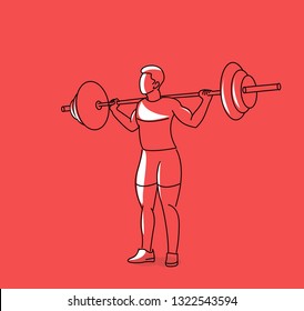 Strong bodybuilder sportsman lifting heavyweight barbell over his head, Flat Line Art Design.