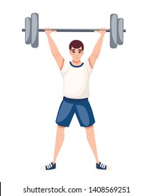 Strong bodybuilder sportsman lifting heavyweight barbell over his head cartoon character design flat vector illustration.