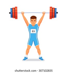 Strong bodybuilder sportsman lifting heavyweight barbell over his head. Weightlifting sport. Flat style vector illustration isolated on white background.