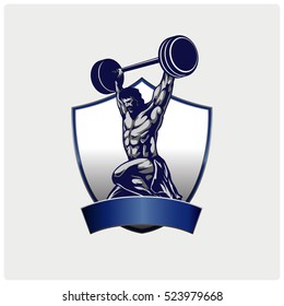 Strong bodybuilder sportsman lifting heavyweight barbell over his head. Weightlifting sport.Vector illustration.
