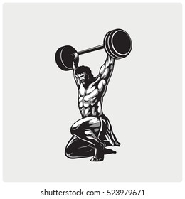 Strong bodybuilder sportsman lifting heavyweight barbell over his head. Weightlifting sport.Vector illustration.
