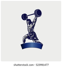 Strong bodybuilder sportsman lifting heavyweight barbell over his head. Weightlifting sport.Vector illustration.
