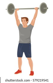 Strong bodybuilder sportsman lifting heavyweight barbell over his head. Weightlifting sport