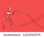 Strong bodybuilder sportsman man with battle rope doing exercise in functional training fitness gym, Flat Line Art Design.