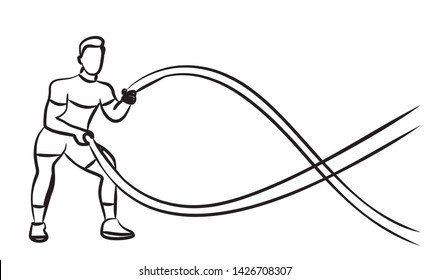 Strong bodybuilder sportsman man with battle rope doing exercise in functional training fitness gym, Flat Line Art Design.