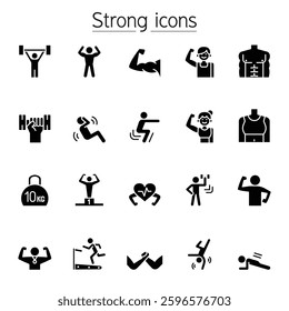 Strong, bodybuilding, fit, exercise icon set in glyph style