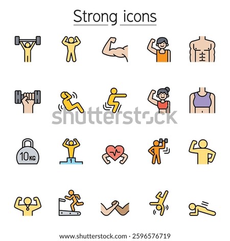 Strong, bodybuilding, fit, exercise icon set in color line style