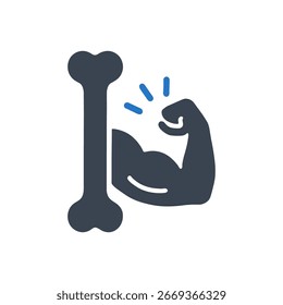 Icono fuerte del hueso y del músculo aislado en el fondo blanco