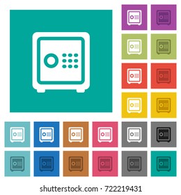 Strong box with key code multi colored flat icons on plain square backgrounds. Included white and darker icon variations for hover or active effects.