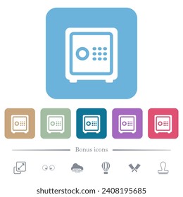 Strong box with key code white flat icons on color rounded square backgrounds. 6 bonus icons included