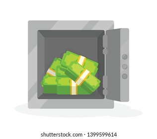 Strong box with piles of dollar bills