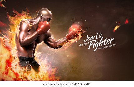 Strong boxer with flame effect in 3d illustration, boxing class poster