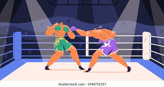 Strong boxers fighting on ring at Muay Thai boxing competition. Fighter punching his opponent with arm. Thailand combat sport. Colored flat cartoon vector illustration of Muaythai wrestling