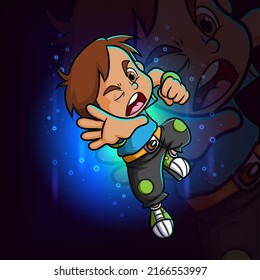 The strong boy is attacking and giving punch esport mascot logo design of illustration