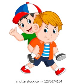 the strong boy is carrying his friend on his back
