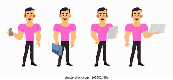 strong boy cartoon character in different poses