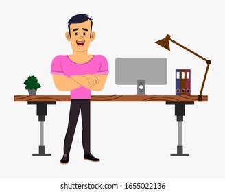 strong boy cartoon character stands near his table or workplace