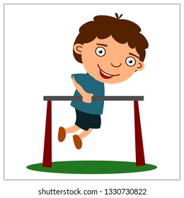 Strong boy in cartoon style doing push-UPS on bars, isolated on white background.