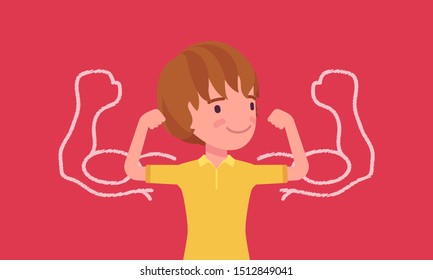 Strong boy showing off biceps. Happy schoolboy athlete trying to impress with muscles, kid enjoys sport and healthy lifestyle to grow in great physical power. Vector flat style cartoon illustration