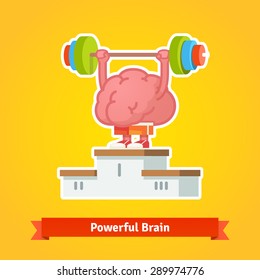 Strong brain lifting weary barbell takes first place on the winning pedestal. Flat style vector icon.