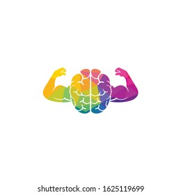 Strong brain vector logo design. Brain with strong double biceps.