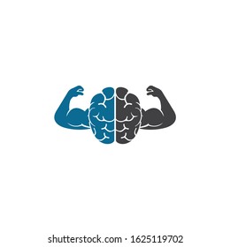 Strong brain vector logo design. Brain with strong double biceps.