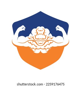 Strong brain vector logo design. Brain with strong double biceps.