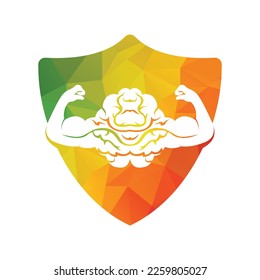 Strong brain vector logo design. Brain with strong double biceps.