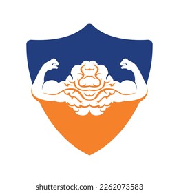 Strong brain vector logo design. Brain with strong double biceps.