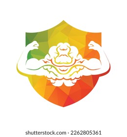Strong brain vector logo design. Brain with strong double biceps.