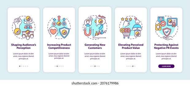 Strong brand benefits onboarding mobile app page screen with concepts. Shaping audience perception walkthrough 5 steps graphic instructions. UI, UX, GUI vector template with linear color illustrations