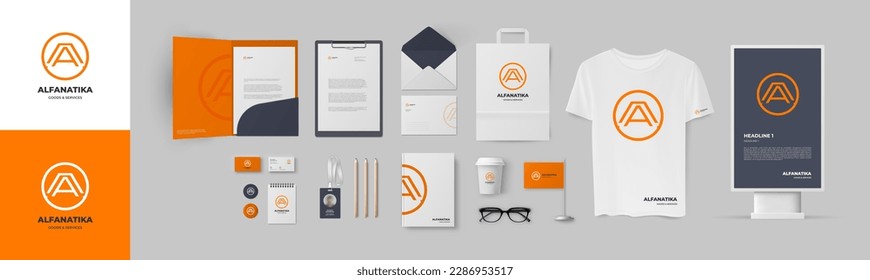 Strong Brand Identity with Customizable Vector Corporate Branding template design. Orange letter A logo and background for modern company corporate identity style.